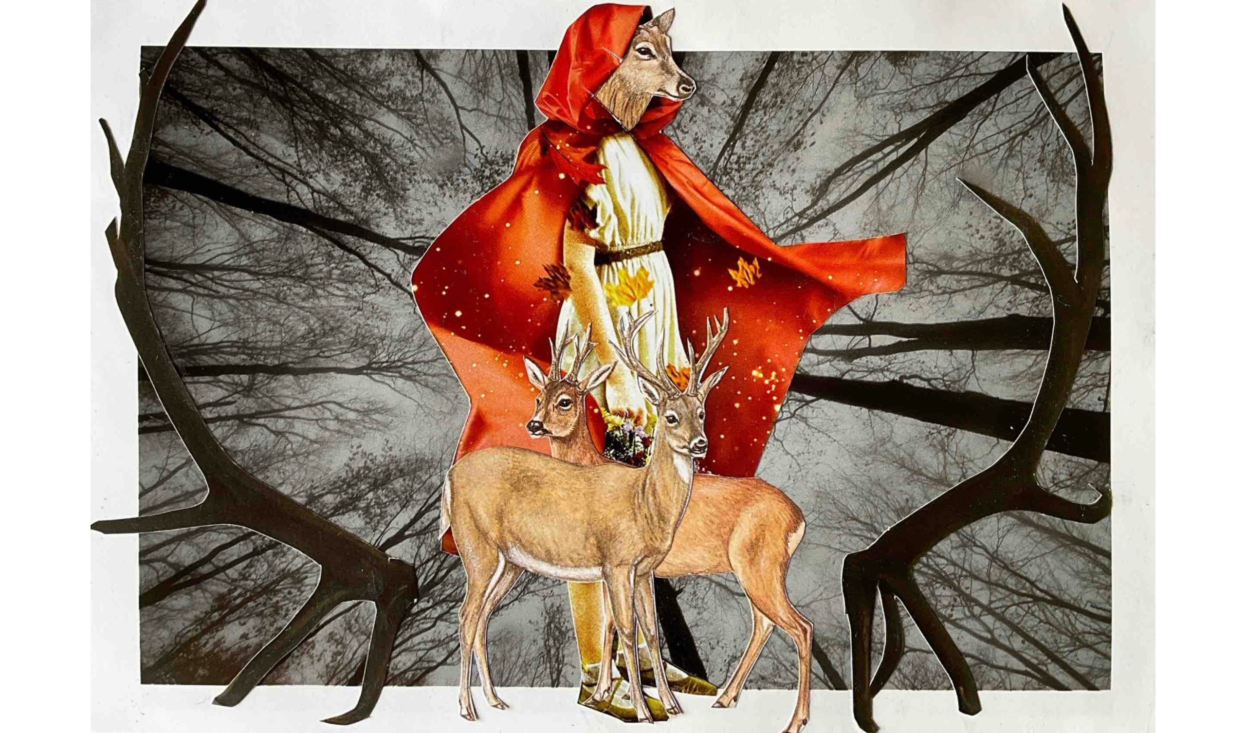 A surreal artistic collage featuring a woman in red surrounded by deer against a backdrop of bare tree branches, illustrating themes of transformation and wilderness connection from the magical realist short story "The Roar"